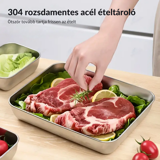 304-es rozsdamentes acél tálca – Biztonságos és praktikus megoldás élelmiszerek tárolására (25×20×6 cm)