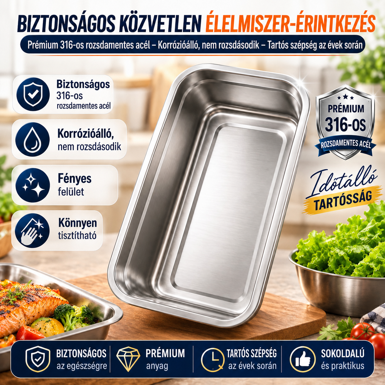 70% KEDVEZMÉNY | Nagy Antibakteriális Rozsdamentes Acél Légmentesen Záródó Élelmiszer-Tartály - 1500ml (19 x 14 x 8 cm)