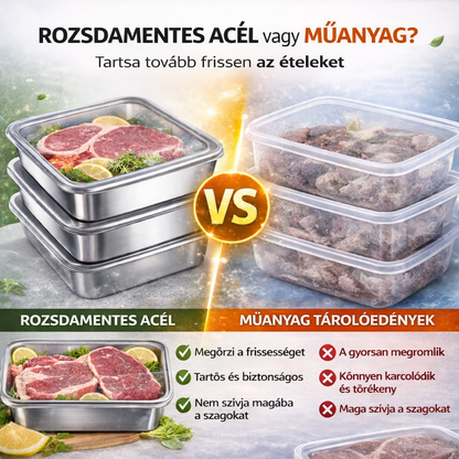 304 rozsdamentes acél ételtároló doboz, 2500 ml kapacitással – Biztonságos és praktikus megoldás az élelmiszerek tárolására (25×20×6 cm)