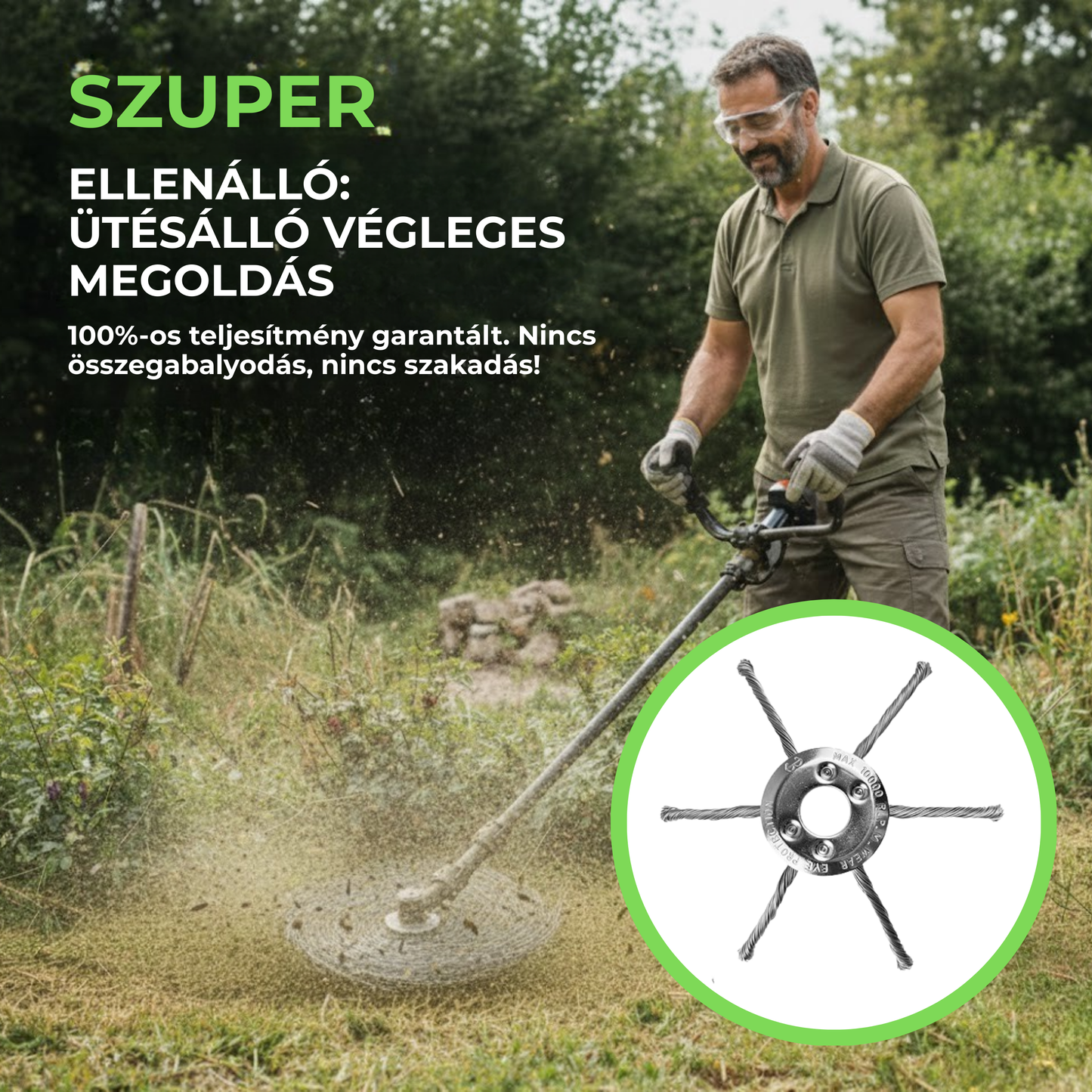 A fűkasza feje 6, erős acélhuzallal összefont karral rendelkezik.