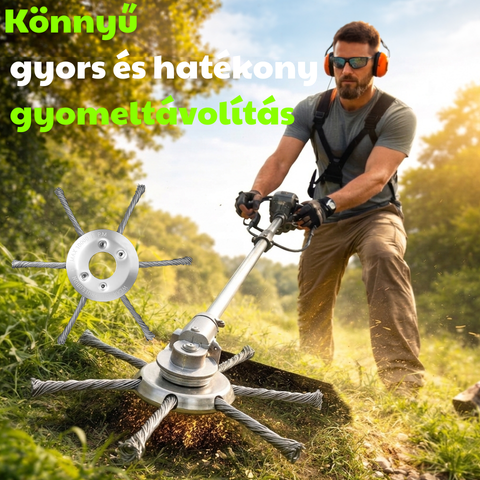 Kiváló minőségű acélból készült, 6 pengés fűkasza vágófej: mindenféle gyomot hatékonyan eltávolít.