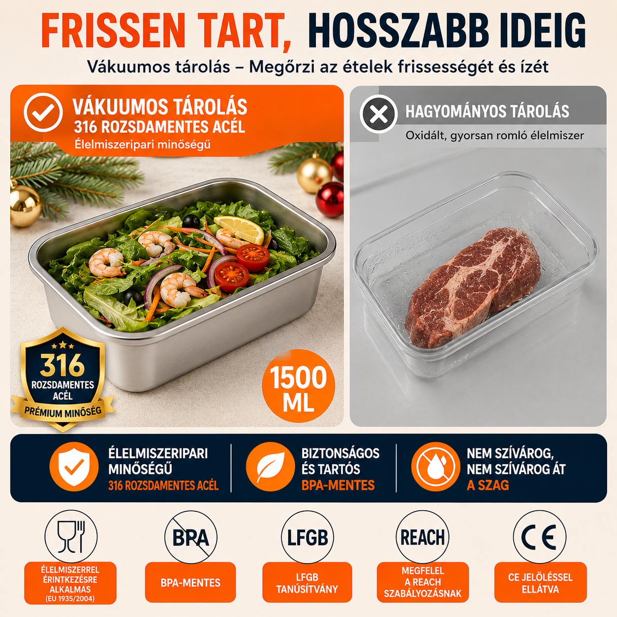 ⚜️Vákuumos Tároló 316-os Acélból 1500ML — Német Minőség | Friss Étel 5× Tovább