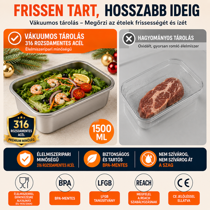 ⚜️Vákuumos Tároló 316-os Acélból 1500ML — Német Minőség | Friss Étel 5× Tovább