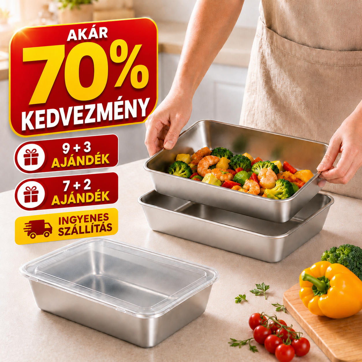 304-es rozsdamentes ételtároló doboz légzáró fedéllel – 25 × 20 × 5 cm