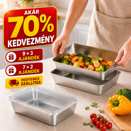 304-es rozsdamentes ételtároló doboz légzáró fedéllel – 25 × 20 × 5 cm