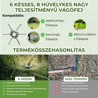 A fűkasza feje 6, erős acélhuzallal összefont karral rendelkezik.