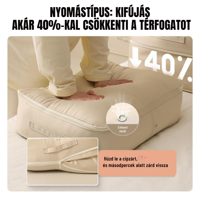 Automatikus kompressziós tárolótáskák paplanokhoz, ruhákhoz, takarókhoz – vízálló és nedvességálló (54x42x30 cm).