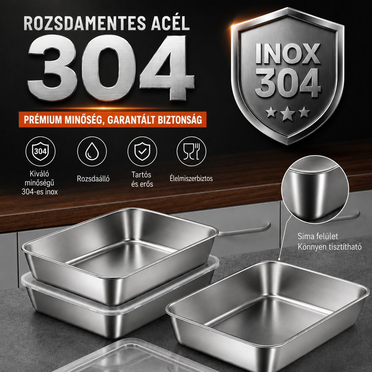 304-es rozsdamentes ételtároló doboz légzáró fedéllel – 25 × 20 × 5 cm