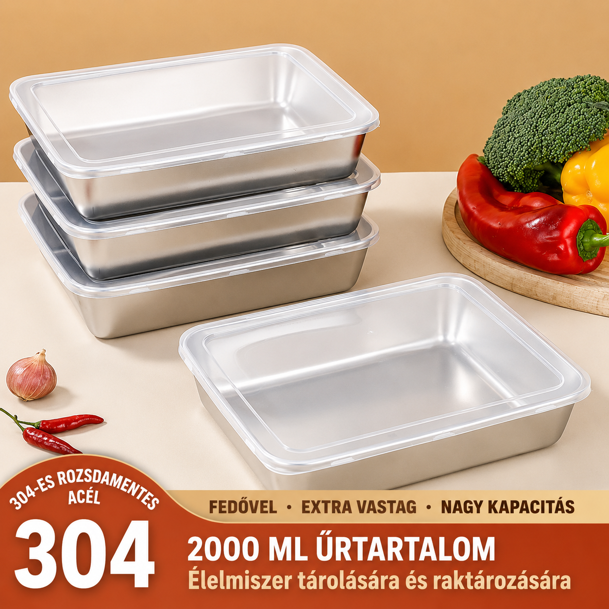 ⚜️ 304-es Rozsdamentes Acél Tárolóedény — 2000 ML | Akár 30 Napig Frissen Tartja Az Ételeket