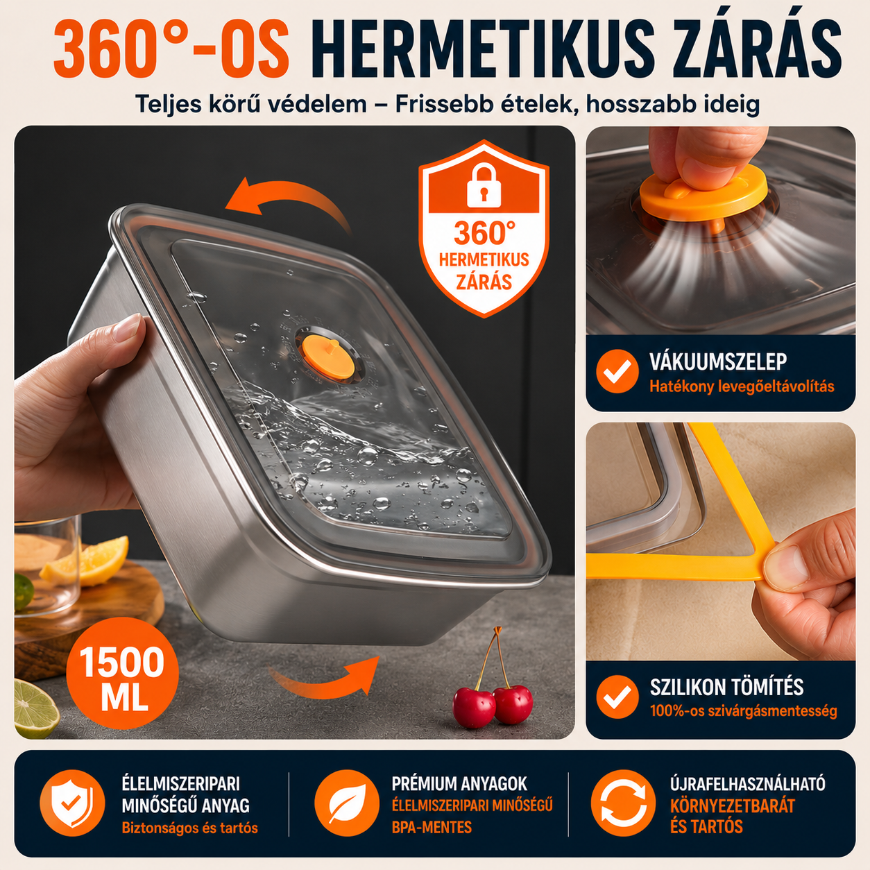 ⚜️Vákuumos Tároló 316-os Acélból 1500ML — Német Minőség | Friss Étel 5× Tovább