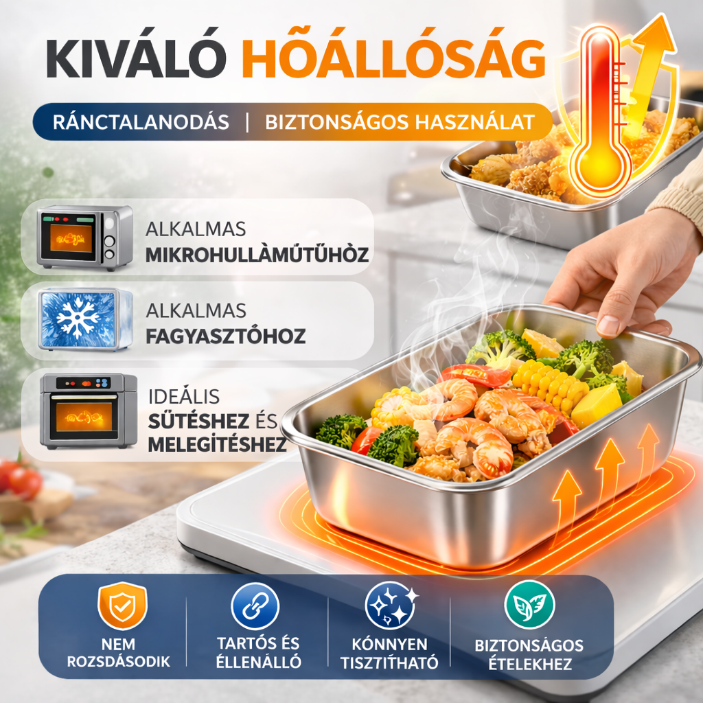 304 rozsdamentes acél ételtároló doboz, 2500 ml kapacitással – Biztonságos és praktikus megoldás az élelmiszerek tárolására (25×20×6 cm)