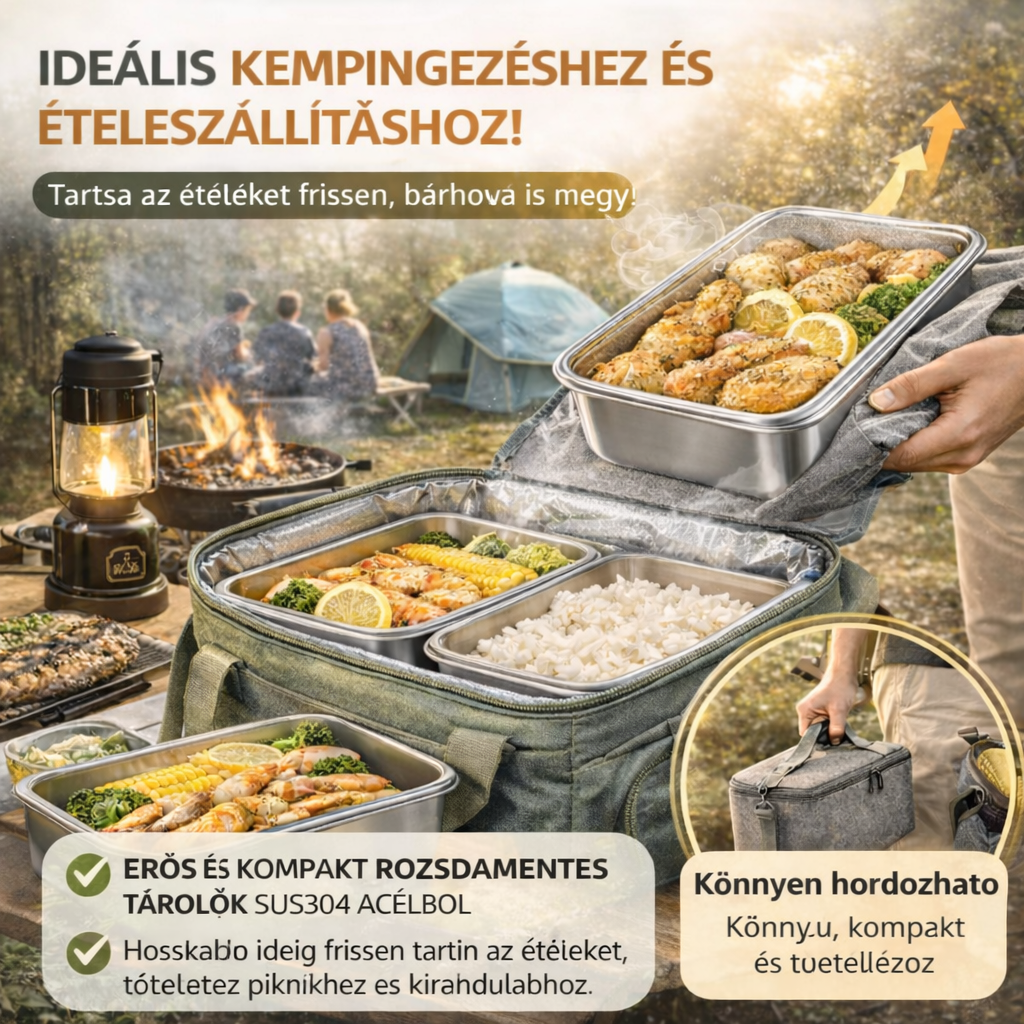 304 rozsdamentes acél ételtároló doboz, 2500 ml kapacitással – Biztonságos és praktikus megoldás az élelmiszerek tárolására (25×20×6 cm)