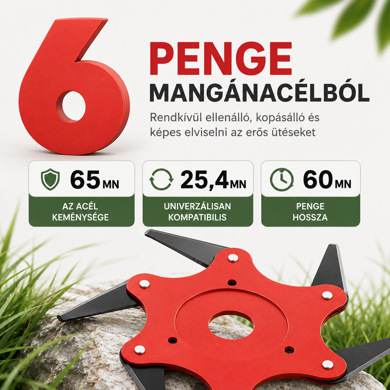 6 pengés mangánacél fűkasza penge — tartozékokkal
