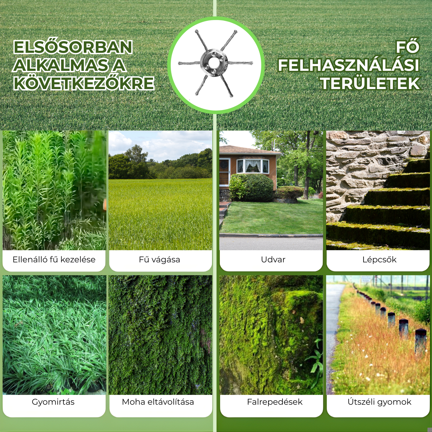 A fűkasza feje 6, erős acélhuzallal összefont karral rendelkezik.