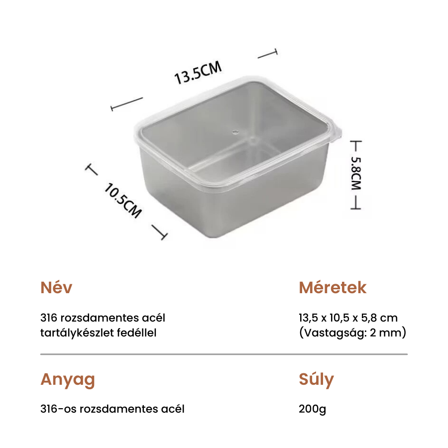 316 rozsdamentes acél tartálykészlet fedéllel (13,5 x 10,5 x 5,8 cm) (L)
