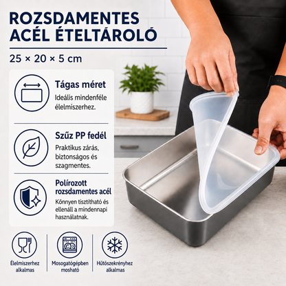 SUS304 rozsdamentes acél ételtároló dobozok | Hosszabb ideig frissen tartják az ételeket (25×20×5 cm)