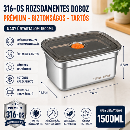 70% KEDVEZMÉNY | Nagy Antibakteriális Rozsdamentes Acél Légmentesen Záródó Élelmiszer-Tartály - 1500ml (19 x 14 x 8 cm)