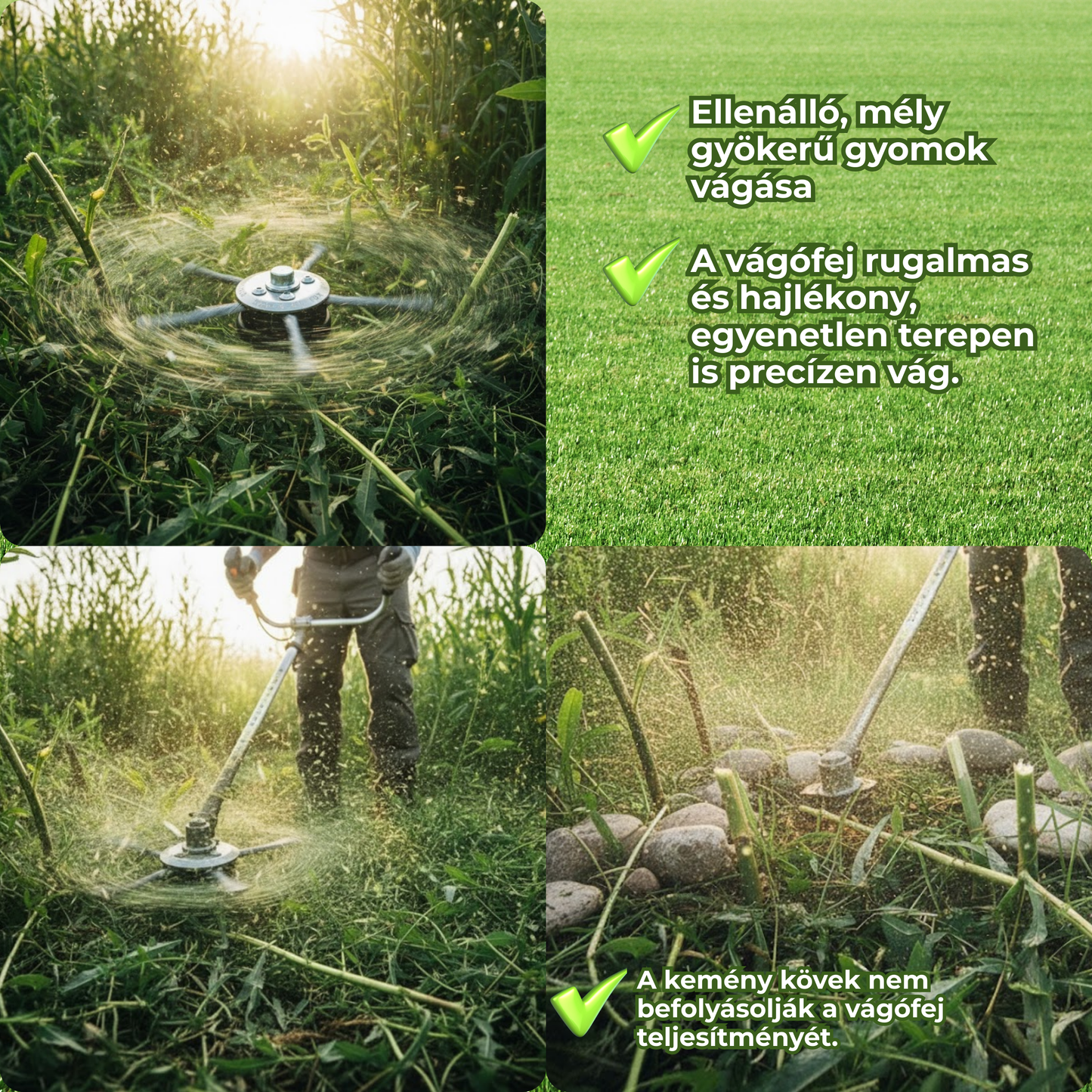 A fűkasza feje 6, erős acélhuzallal összefont karral rendelkezik.