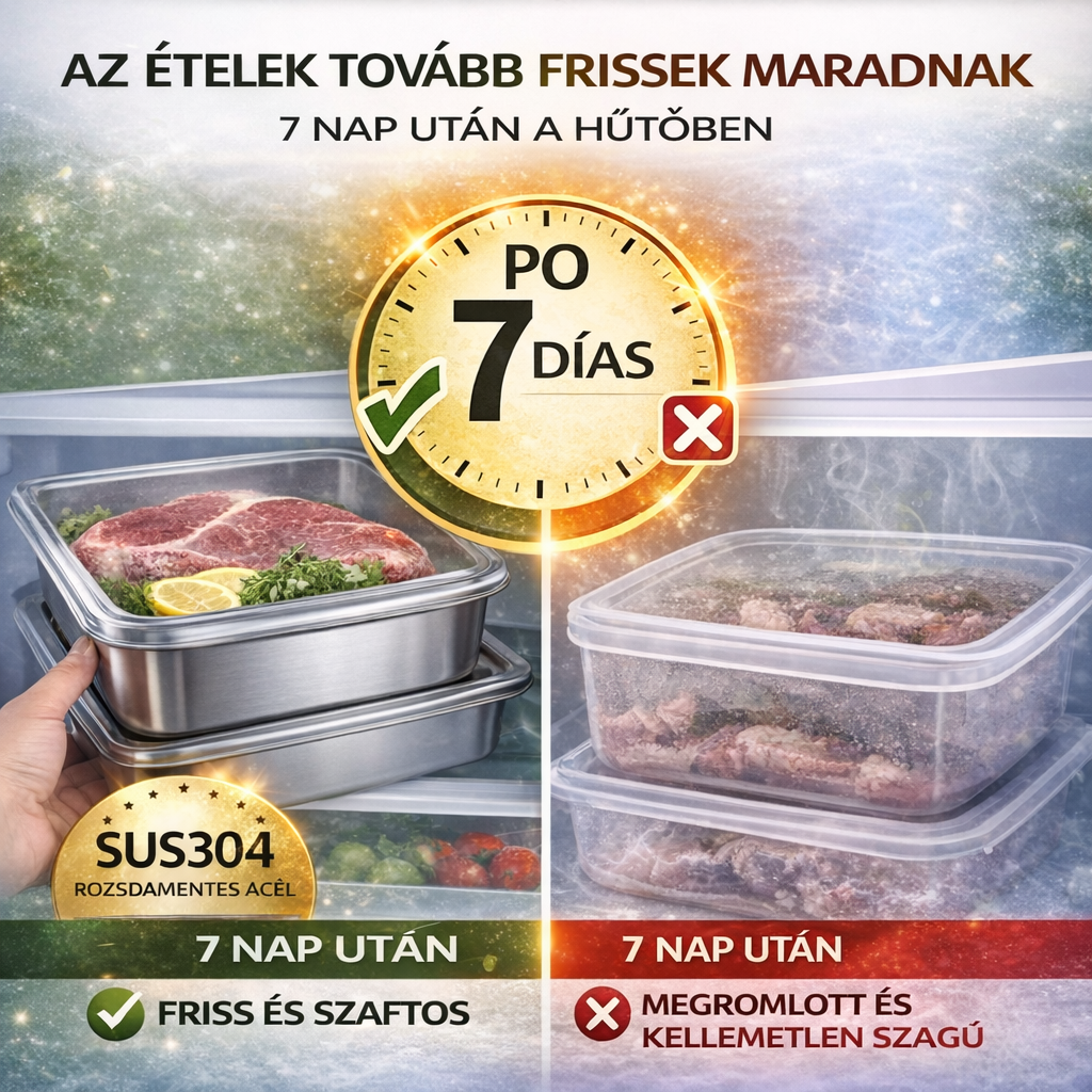 304 rozsdamentes acél ételtároló doboz, 2500 ml kapacitással – Biztonságos és praktikus megoldás az élelmiszerek tárolására (25×20×6 cm)