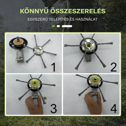 A vágófej 6 darab erős acélhuzallal szőtt ággal rendelkezik (adapterkészletet tartalmaz)