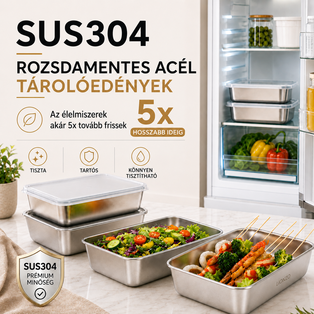 SUS304 rozsdamentes acél ételtároló dobozok | Hosszabb ideig frissen tartják az ételeket (25×20×5 cm)