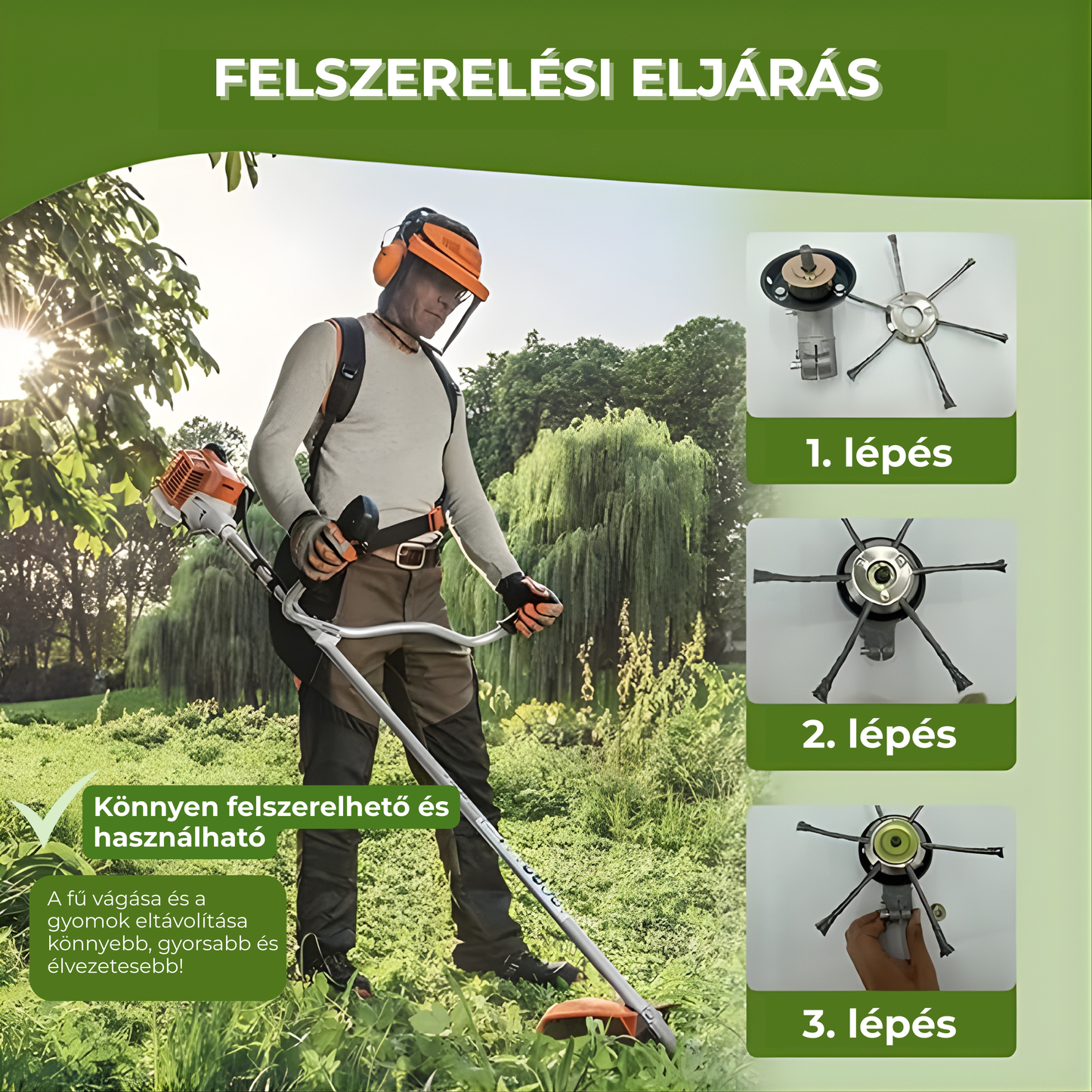 A fűkasza feje 6, erős acélhuzallal összefont karral rendelkezik.