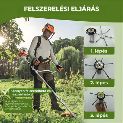 A fűkasza feje 6, erős acélhuzallal összefont karral rendelkezik.