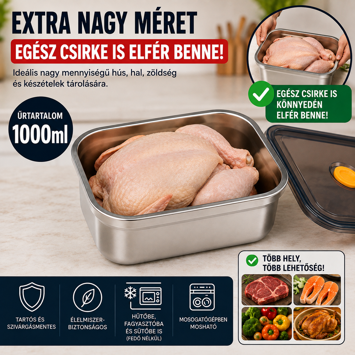 🎁 12-t kapsz, 6-ot fizetsz | 316L Rozsdamentes Acél Vákuumos Ételtároló (Nagy méret – 1000 ml)