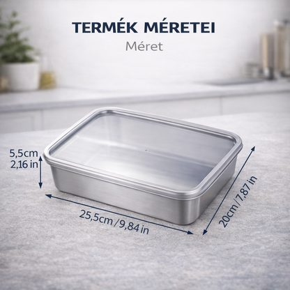 304 rozsdamentes acél ételtároló doboz, 2500 ml kapacitással – Biztonságos és praktikus megoldás az élelmiszerek tárolására (25×20×6 cm)
