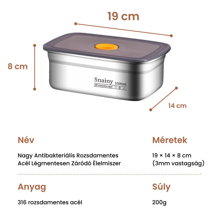 Nagy Antibakteriális Rozsdamentes Acél Légmentesen Záródó - 1500ml (19 x 14 x 8 cm)