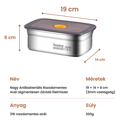 Nagy Antibakteriális Rozsdamentes Acél Légmentesen Záródó - 1500ml (19 x 14 x 8 cm)