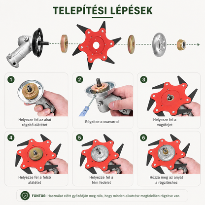 6 pengés mangánacél fűkasza penge — tartozékokkal