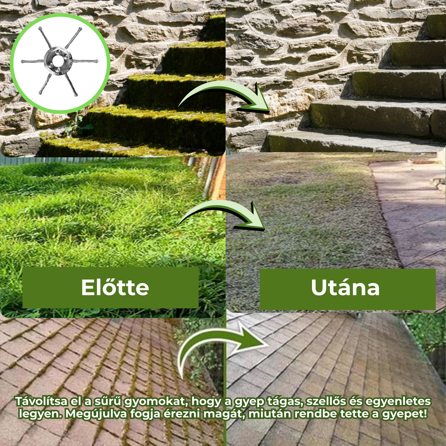 A fűkasza feje 6, erős acélhuzallal összefont karral rendelkezik.