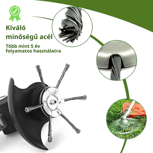 A fűkasza feje 6, erős acélhuzallal összefont karral rendelkezik.