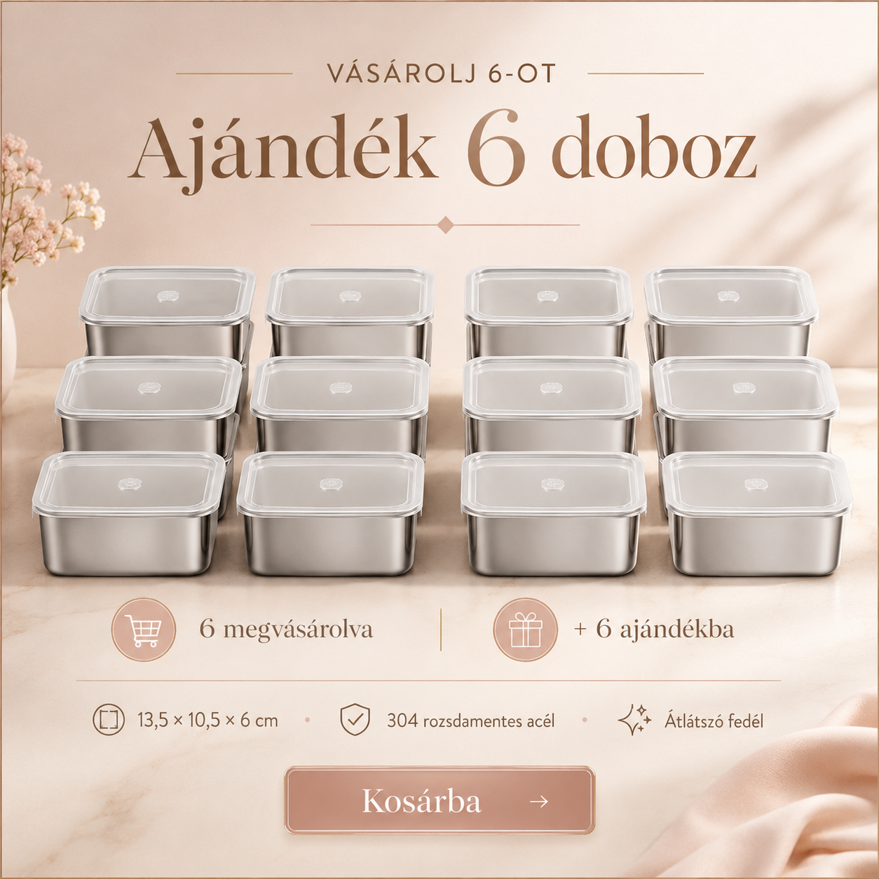 Kapj 12-t, Fizess Csak 6-ért | 316 Rozsdamentes Acél Tartálykészlet Fedéllel (13,5 × 10,5 × 6 Cm)