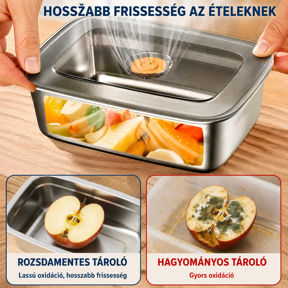 Nagy Antibakteriális Rozsdamentes Acél Légmentesen Záródó Élelmiszer-Tartály - 1000ml (19 x 14 x 6 cm)