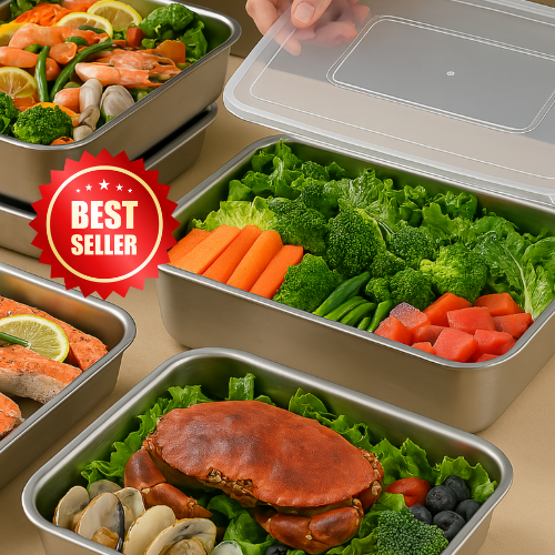 SUS304 Élelmiszertároló Tartályok, Téglalap Alakú Rozsdamentes Acél Tálcák Gumis Fedéllel (25×20×5cm)