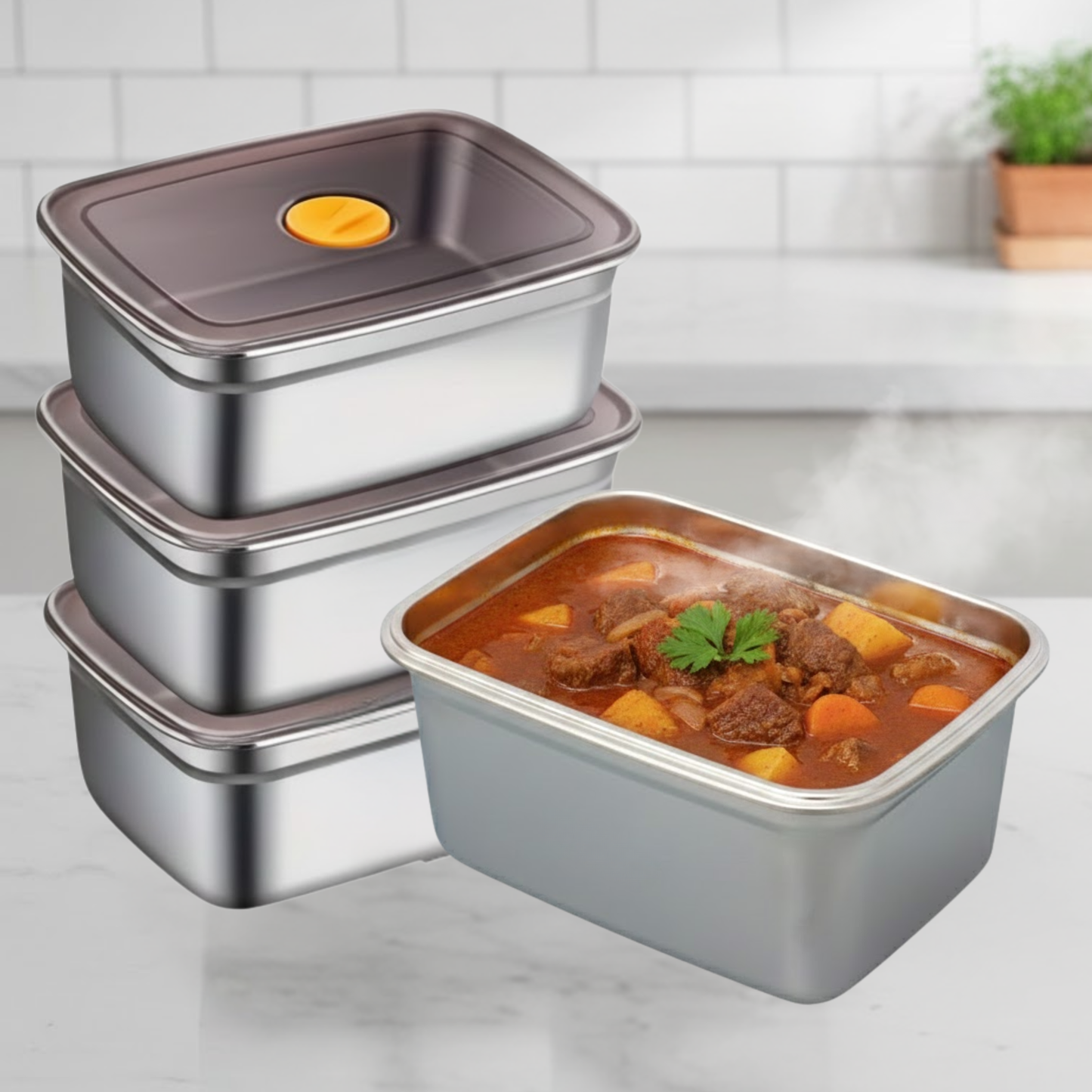 Nagy Antibakteriális Rozsdamentes Acél Légmentesen Záródó Élelmiszer-Tartály - 1500ml (19 x 14 x 8 cm)