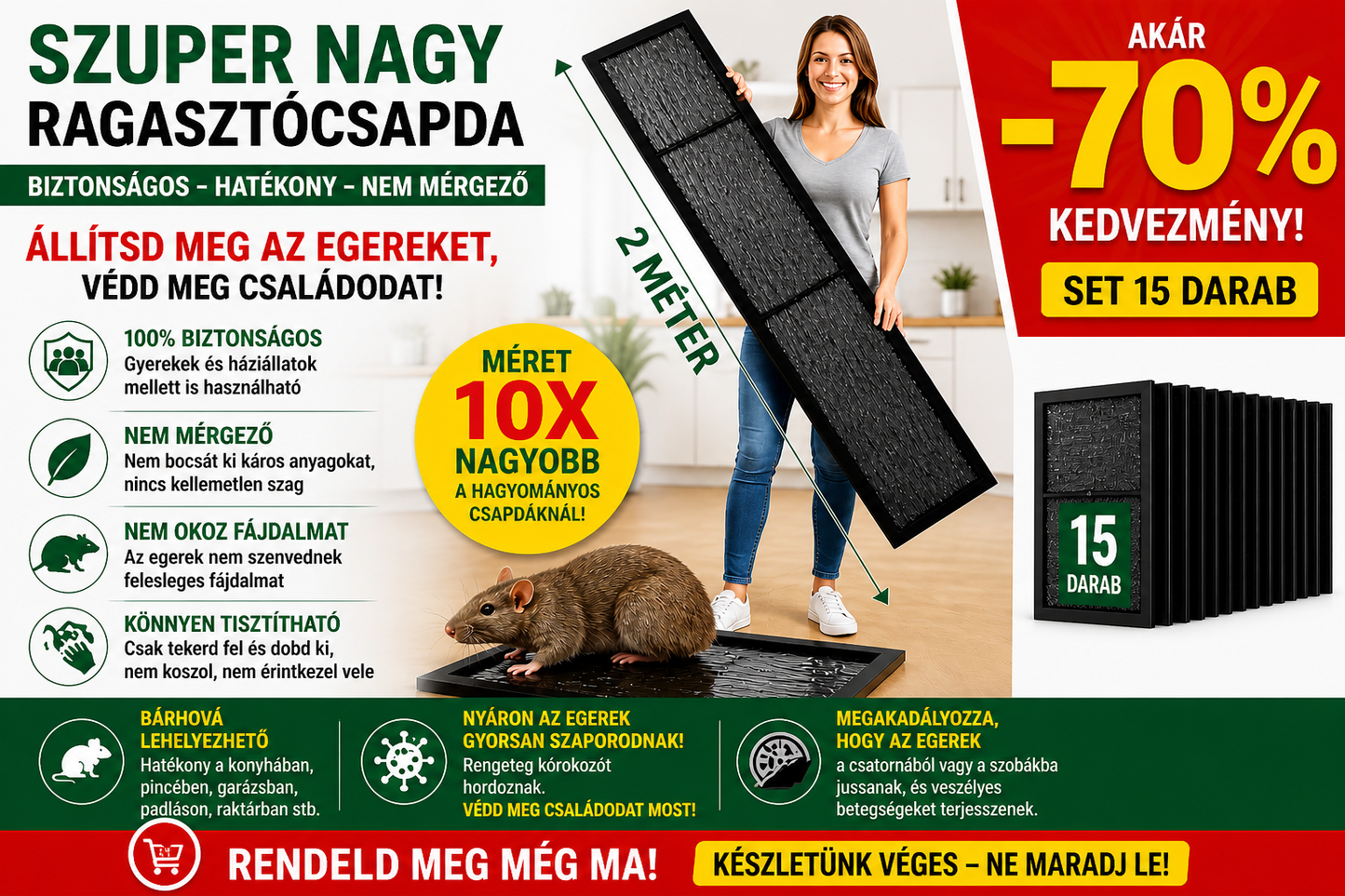 🚫🐭Professzionális ragasztós egércsapda – Akár 10 egér egy éjszaka | 120 cm, méreg nélkül