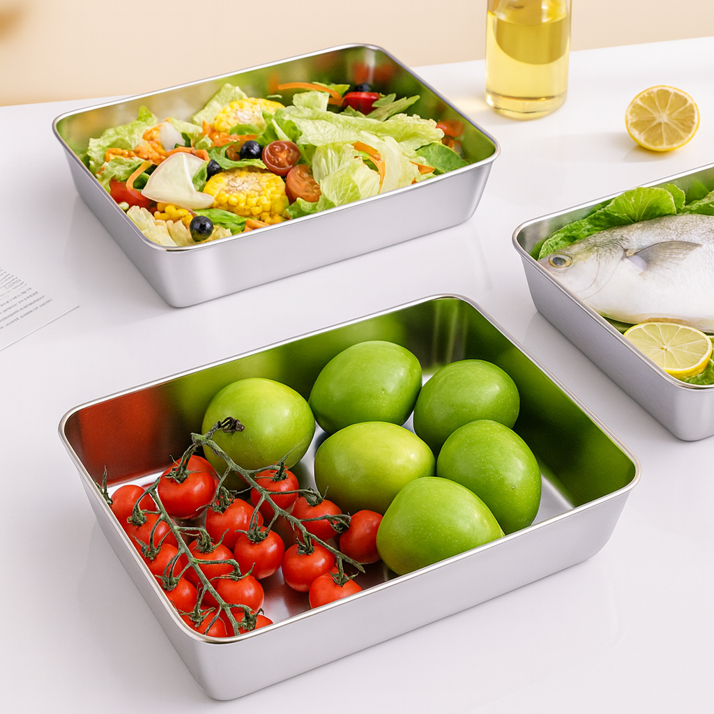 304-es rozsdamentes acél tál légmentes fedéllel (2.1 L – 26 × 20 × 6 cm) | 70% KEDVEZMÉNY!