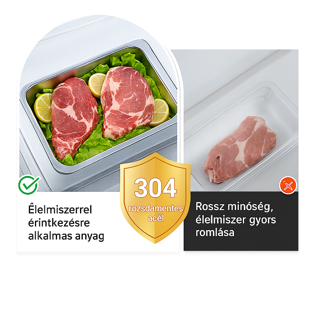 304-es rozsdamentes acél tál fedéllel – Az ételt akár 1 hónapig frissen tartja, 1000 °C-ig hőálló és helytakarékos | 70% KEDVEZMÉNY