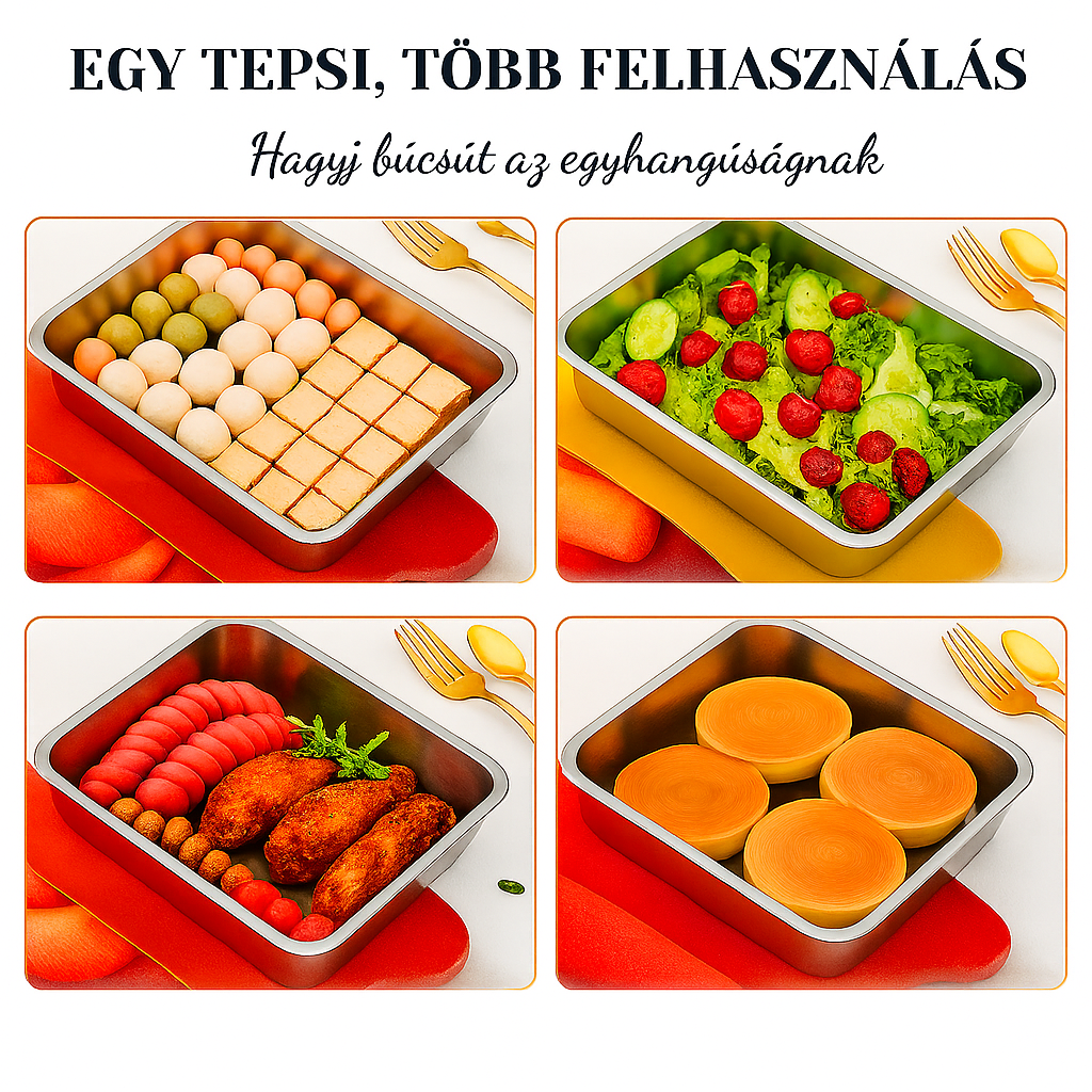 304-es rozsdamentes acél tál fedéllel – Az ételt akár 1 hónapig frissen tartja, 1000 °C-ig hőálló és helytakarékos | 70% KEDVEZMÉNY