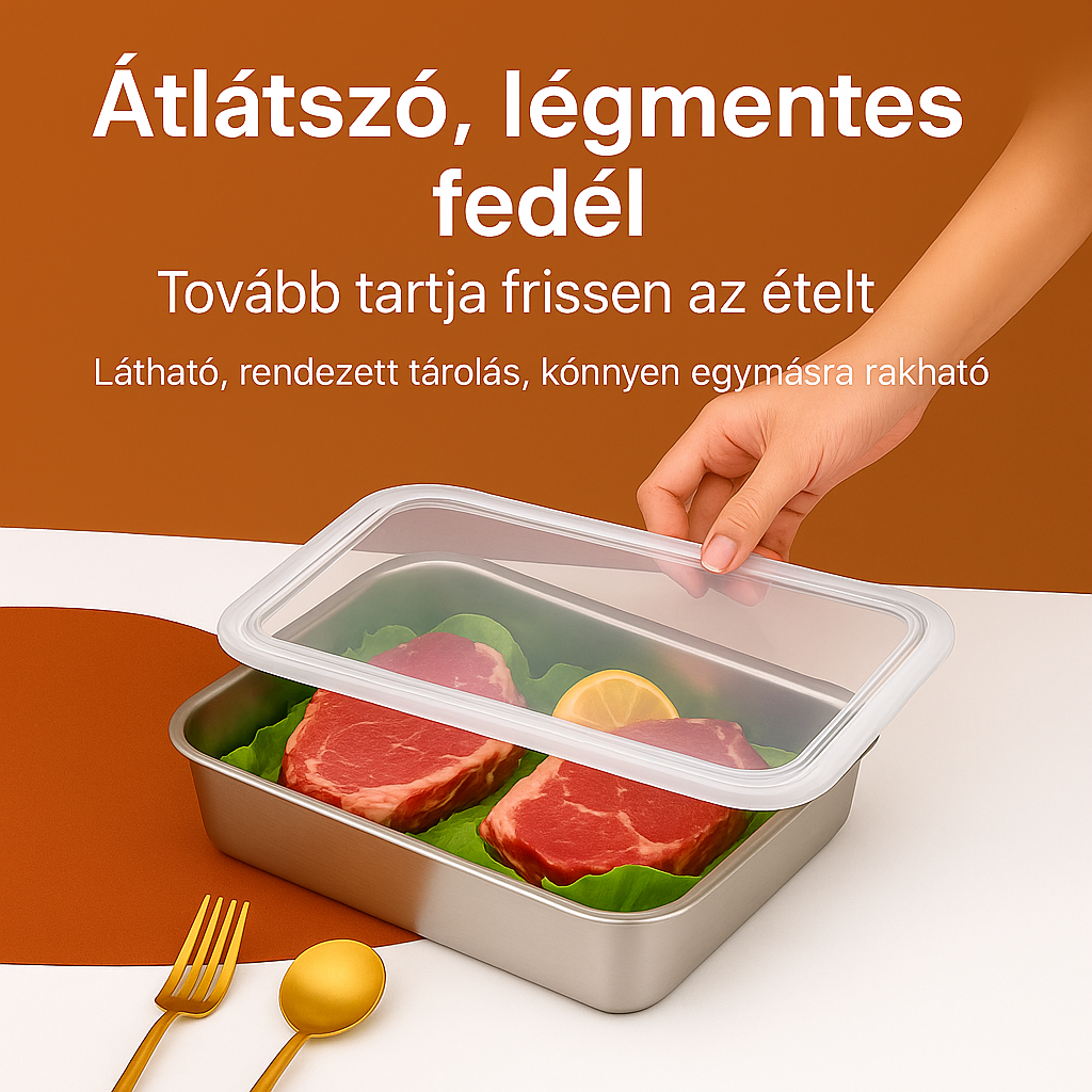 304-es rozsdamentes acél tál fedéllel – Az ételt akár 1 hónapig frissen tartja, 1000 °C-ig hőálló és helytakarékos | 70% KEDVEZMÉNY