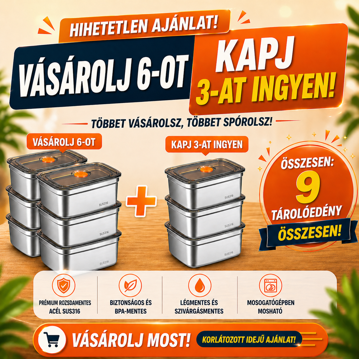 🔥 (6 + 3 ingyen) Vákuumdoboz, német minőségű 316-os rozsdamentes acélból - 1500ml