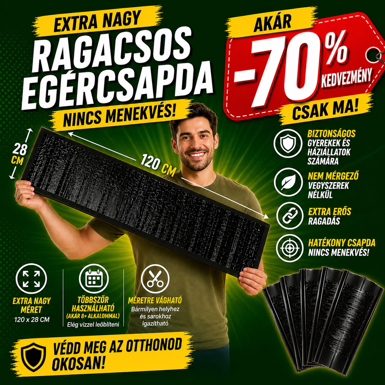 🐭 Professzionális ragasztós egércsapda – Akár 10 egér egy éjszaka | 120 cm, méreg nélkül