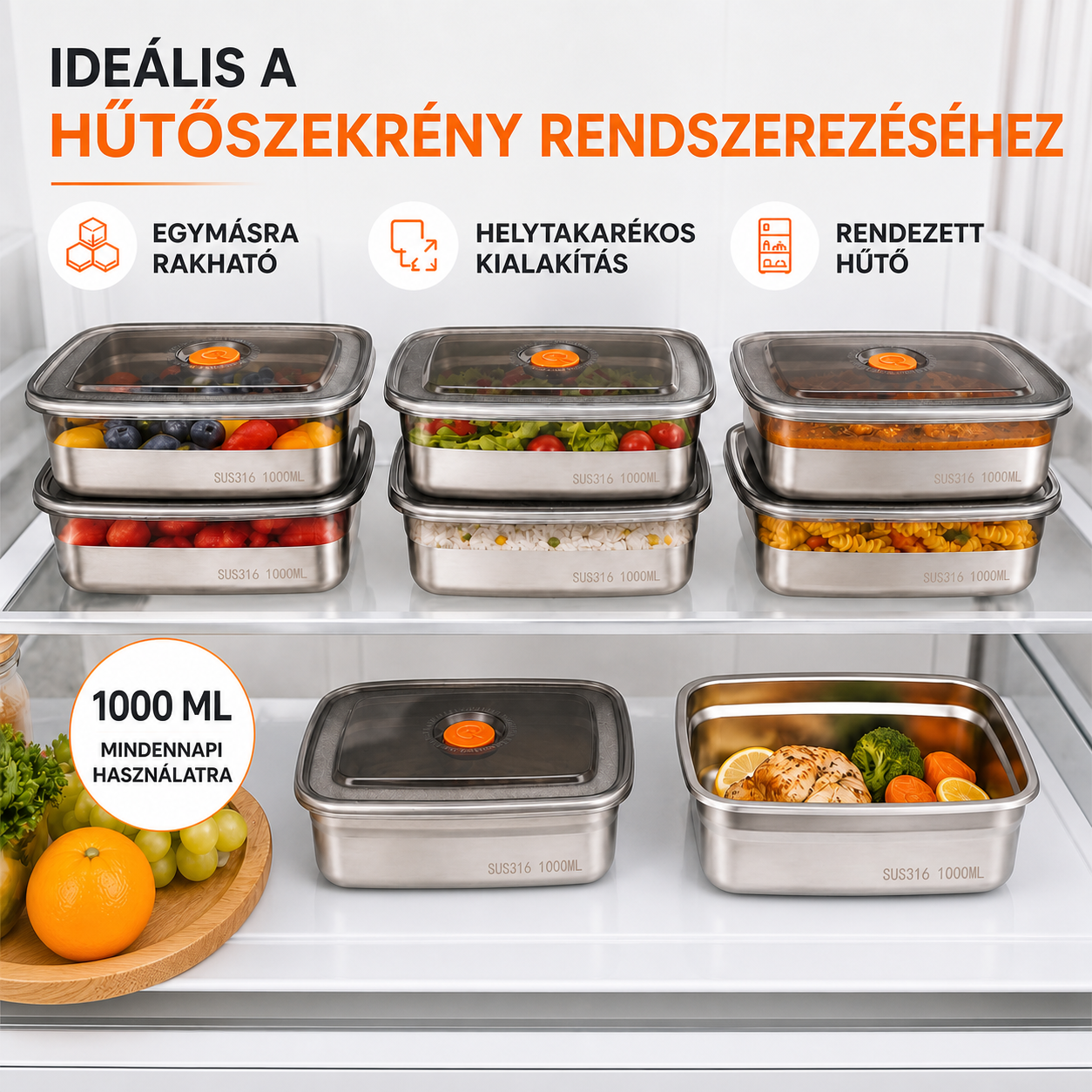 ANTIBAKTERIÁLIS SUS316 ACÉL ÉTELTÁROLÓ – 1000 ML