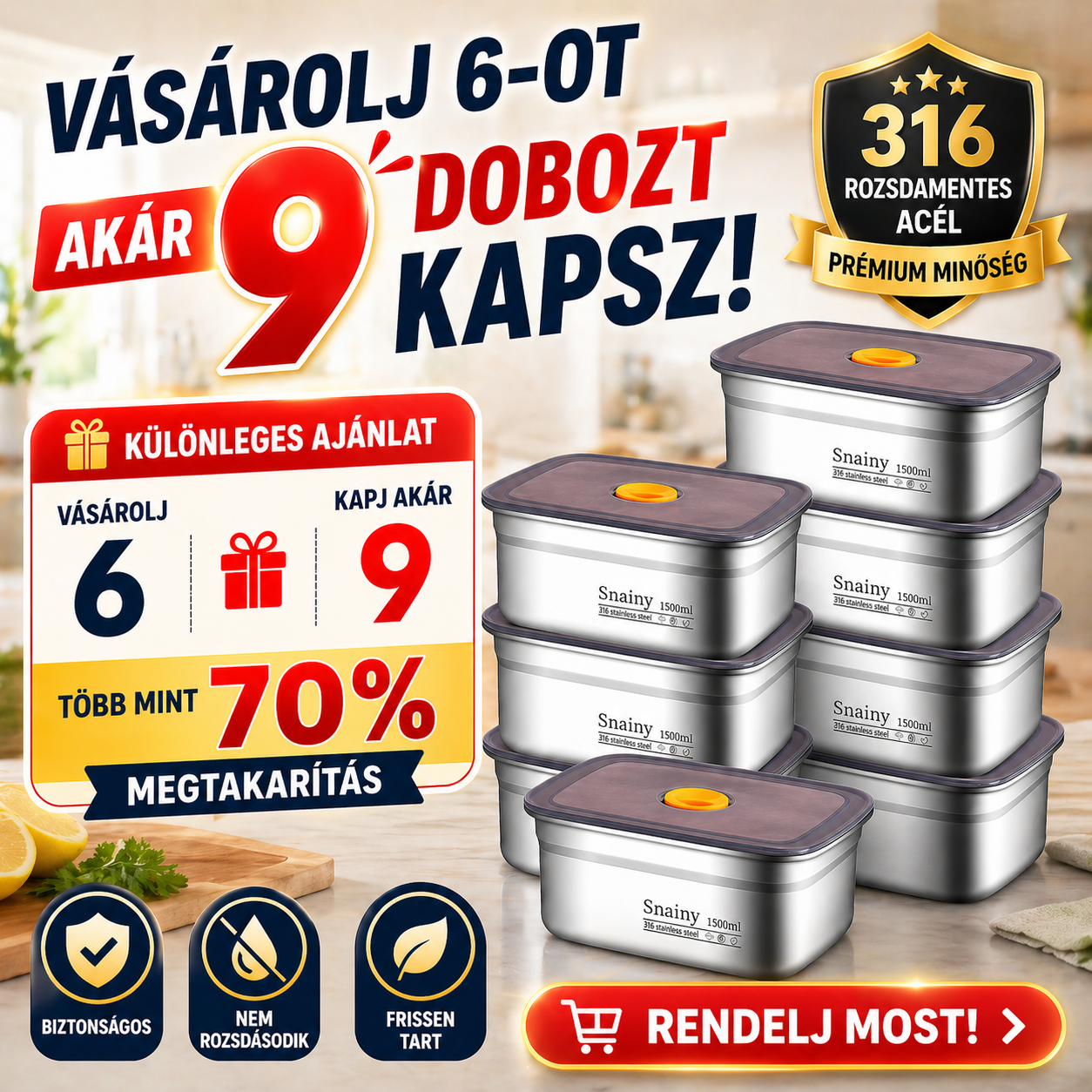 ⚜️Vákuumos Tároló 316-os Acélból 1500ML — Német Minőség | Friss Étel 5× Tovább