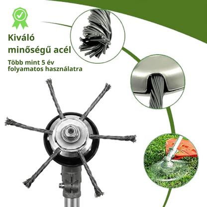 A fűkasza feje 6, erős acélhuzallal összefont karral rendelkezik.