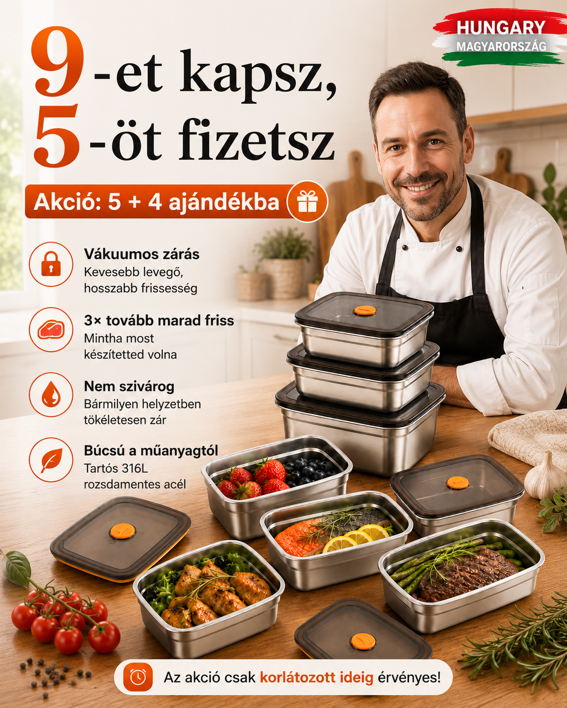 🎁 12-t kapsz, 6-ot fizetsz | 316L Rozsdamentes Acél Vákuumos Ételtároló (Nagy méret – 1000 ml)