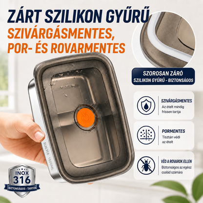70% KEDVEZMÉNY | Nagy Antibakteriális Rozsdamentes Acél Légmentesen Záródó Élelmiszer-Tartály - 1500ml (19 x 14 x 8 cm)